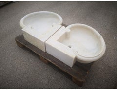 Pair of 1990s Spanish Aged Macael White Marble Opposite Corner Washbasins