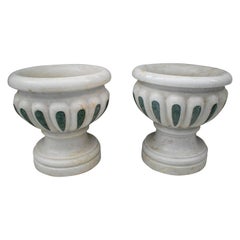 Pair of 1990s Spanish Aged Macael White Marble Urn Garden Planters w/ Inlay