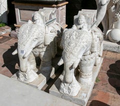 Pair of 1990s Hand Carved Aged Macael White Marble Inlaid Elephants