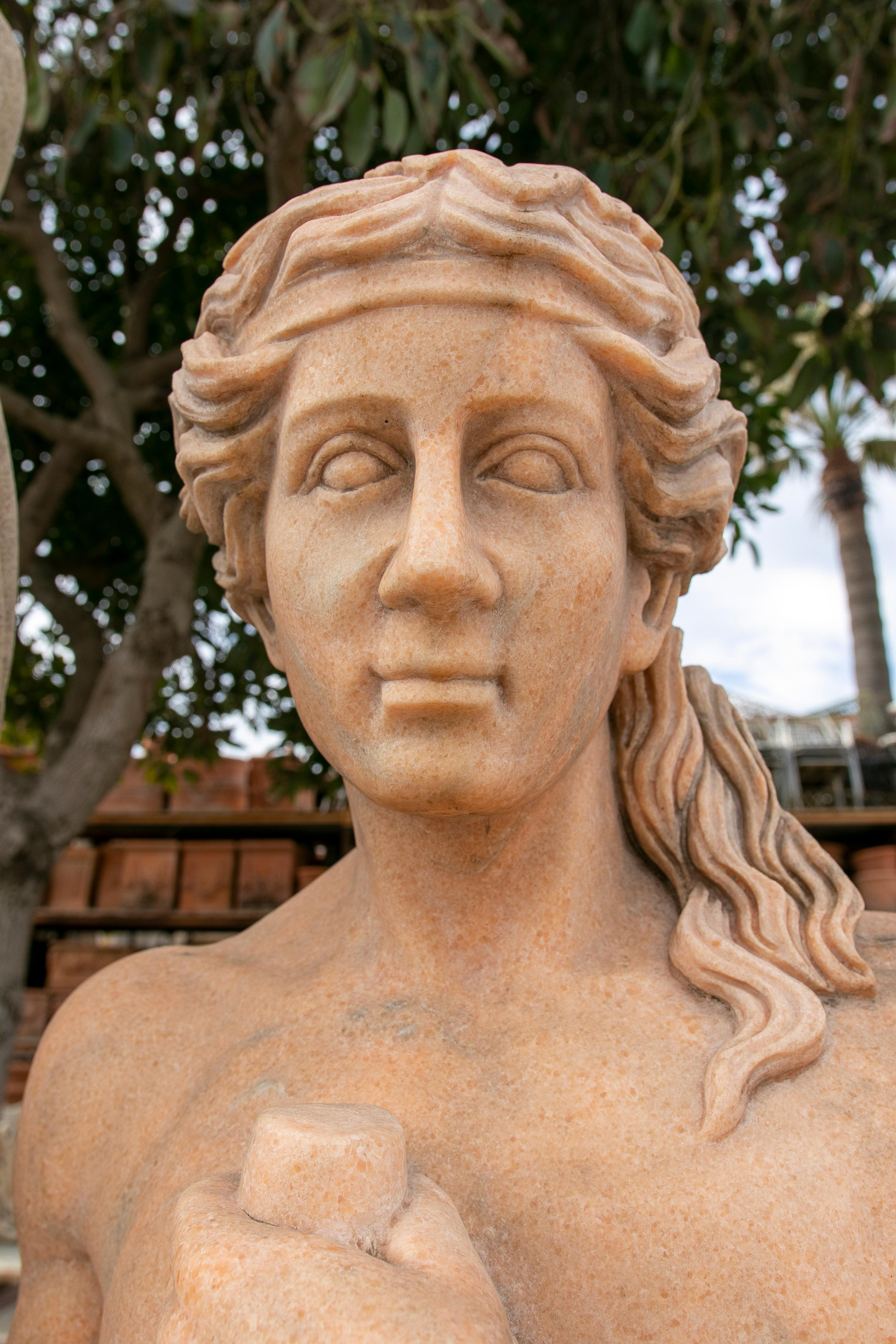 Pair of 1990s Hand Carved Rosetta Pink Marble Winter & Autumn Sculptures In Good Condition For Sale In Marbella, ES