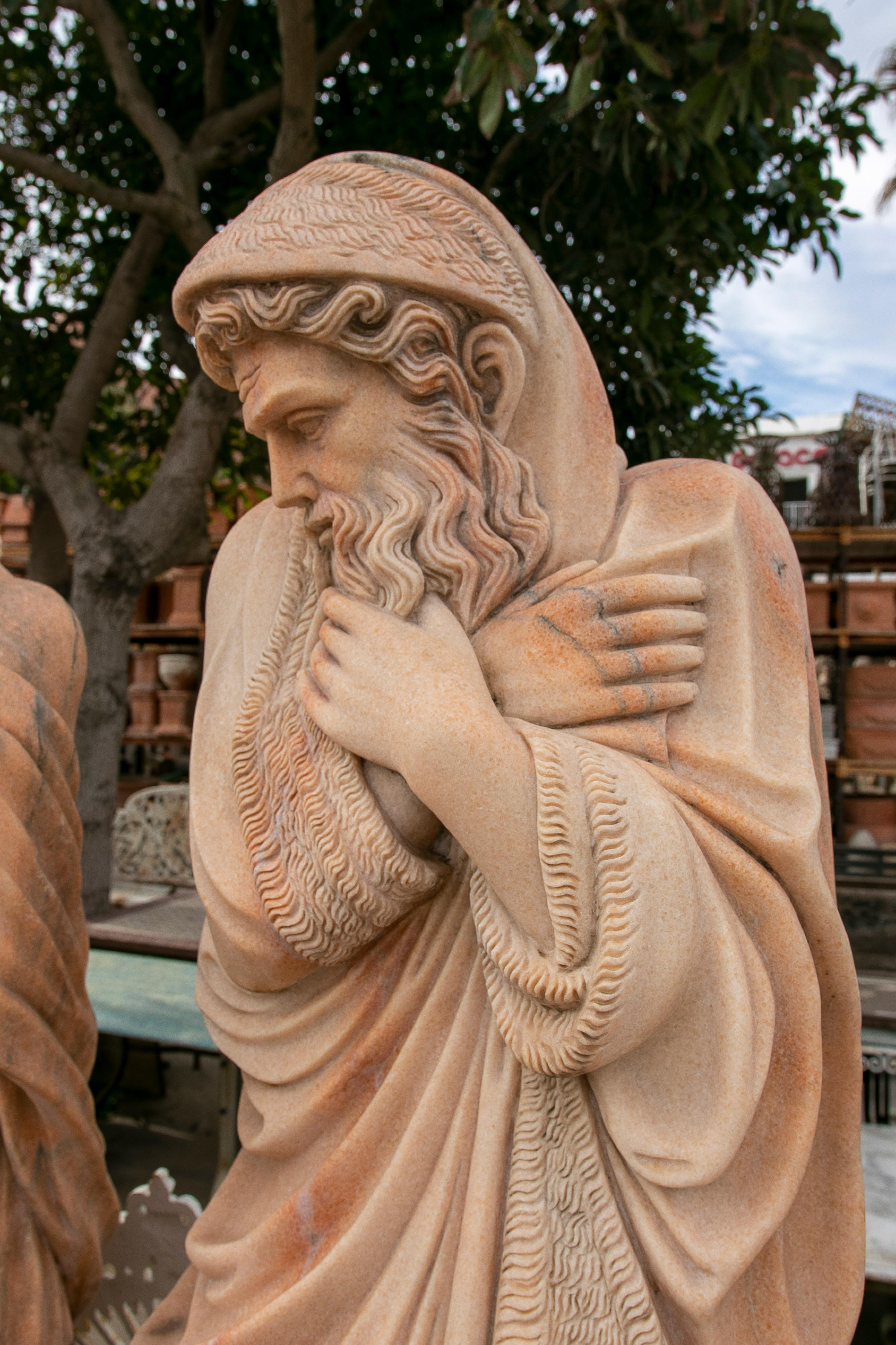 Pair of 1990s Hand Carved Rosetta Pink Marble Winter & Autumn Sculptures For Sale 3