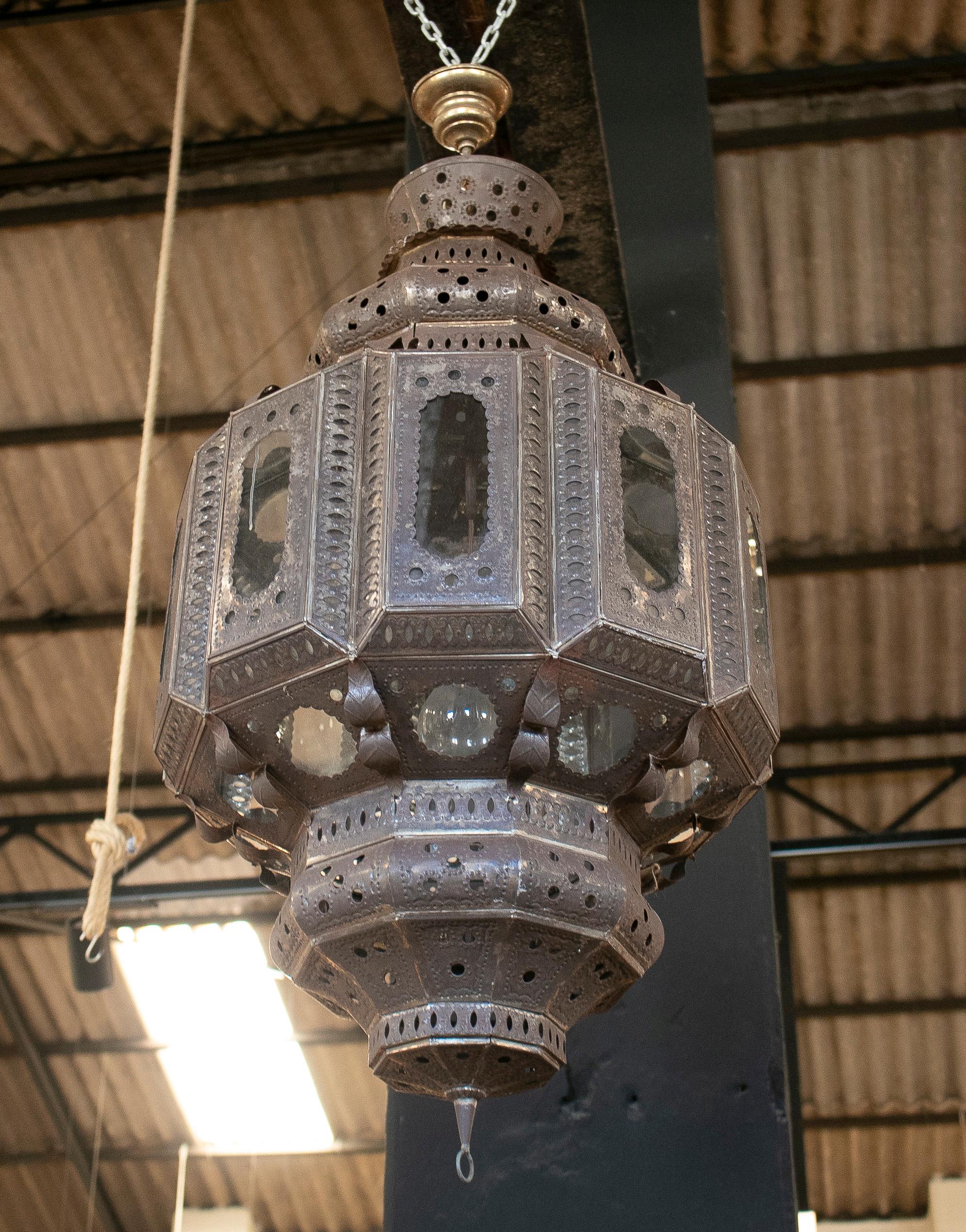 Pair of 1990s Spanish Handmade Iron Ceiling Hanging Lamp Lanterns 3