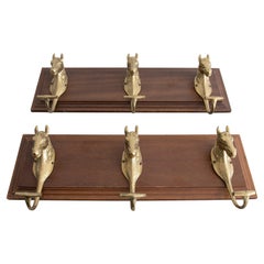 Pair of 1990s Spanish Wood & Bronze 3-Hook Coat Hangers w/ Horse Figure Heads