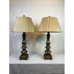 Pair of 1990s Traditional Wooden Candlestick Lamps Aged Gold with Pleated Silk