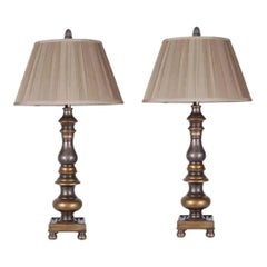 Pair of 1990s Traditional Wooden Candlestick Lamps Aged Gold with Pleated Silk