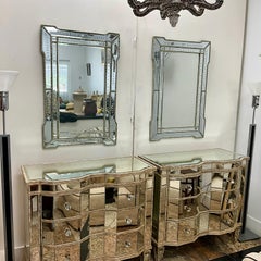 Pair of 1990s Venetian Mirrors with Silvered Wood Frames and Etched Glas