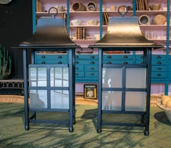 Pair of 1995 Spanish Black Iron Wall Lamp Lanterns w/ Glass Panels