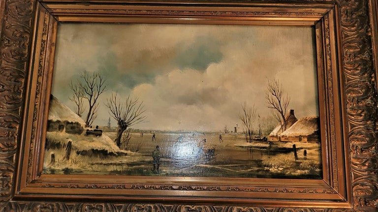 Pair of 19C Dutch Oil on Board of Winter Scenes by B Dam For Sale 3