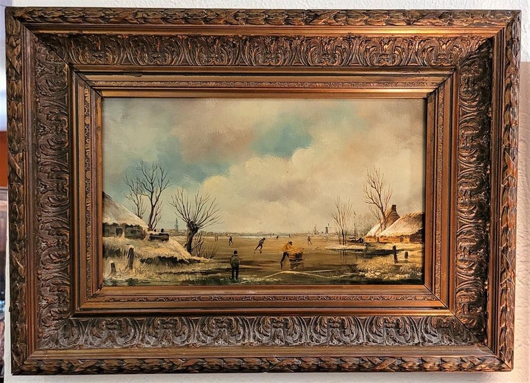 Pair of 19C Dutch Oil on Board of Winter Scenes by B Dam For Sale 8