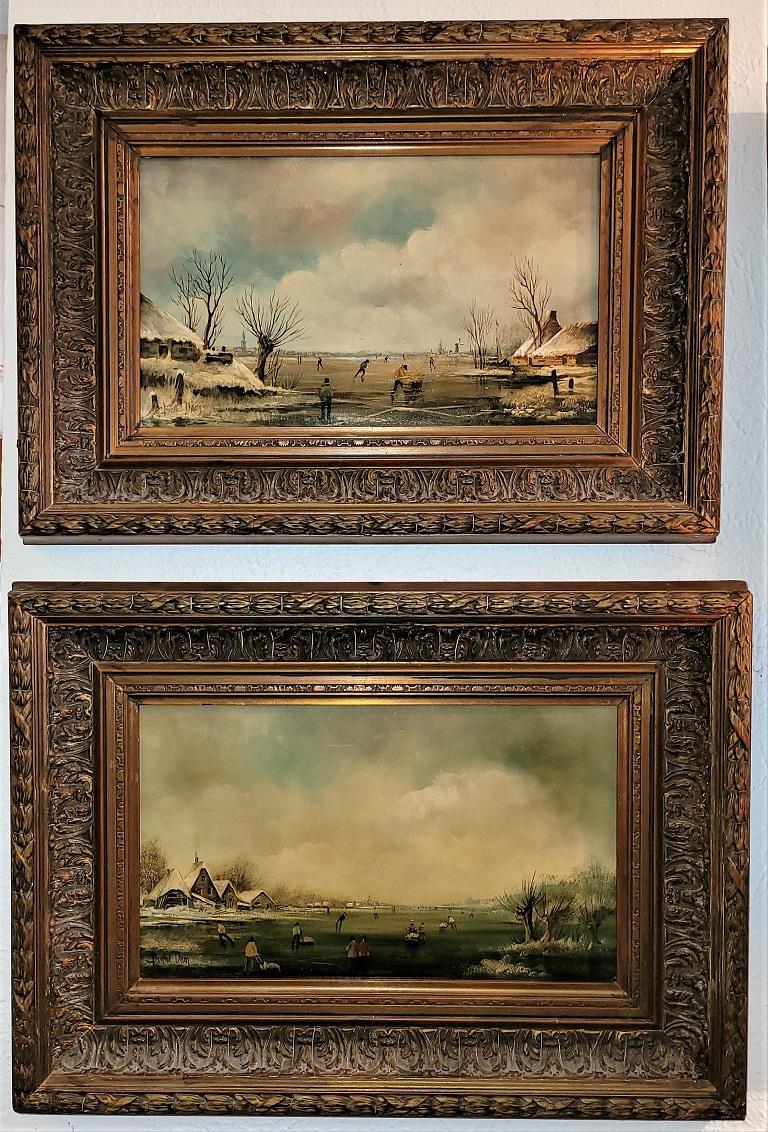 Pair of 19C Dutch Oil on Board of Winter Scenes by B Dam For Sale 9