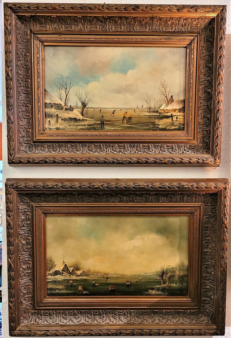 Pair of 19C Dutch Oil on Board of Winter Scenes by B Dam For Sale 10