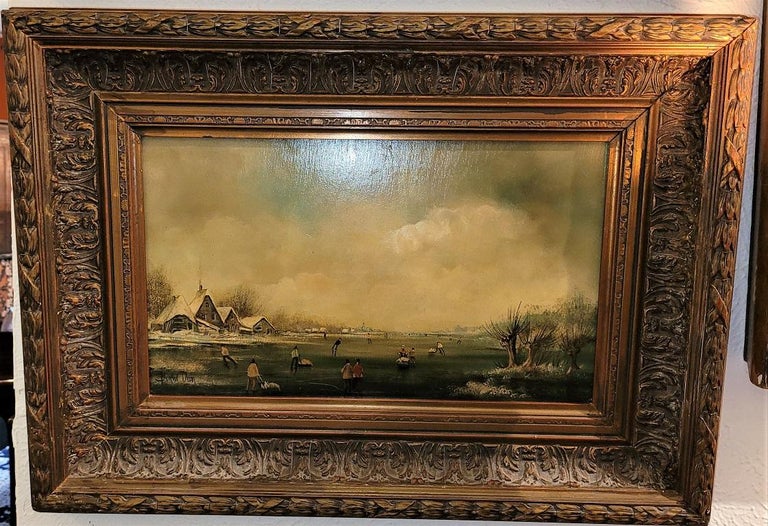 Dutch Colonial Pair of 19C Dutch Oil on Board of Winter Scenes by B Dam For Sale