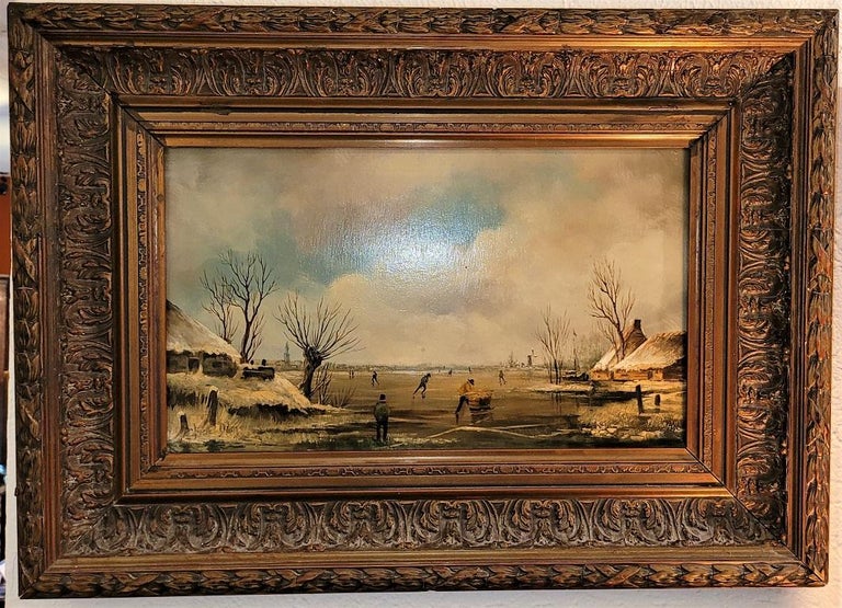 Hand-Painted Pair of 19C Dutch Oil on Board of Winter Scenes by B Dam For Sale