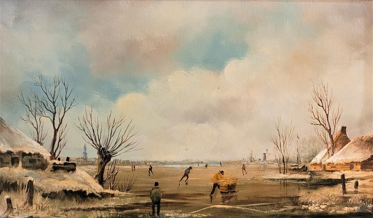 Paint Pair of 19C Dutch Oil on Board of Winter Scenes by B Dam For Sale