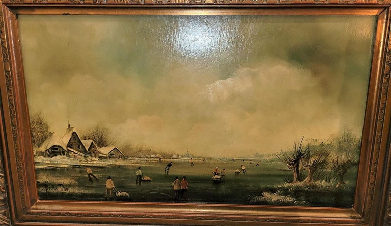 Pair of 19C Dutch Oil on Board of Winter Scenes by B Dam For Sale 2