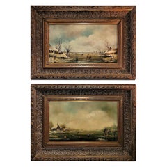 Pair of 19C Dutch Oil on Board of Winter Scenes by B Dam