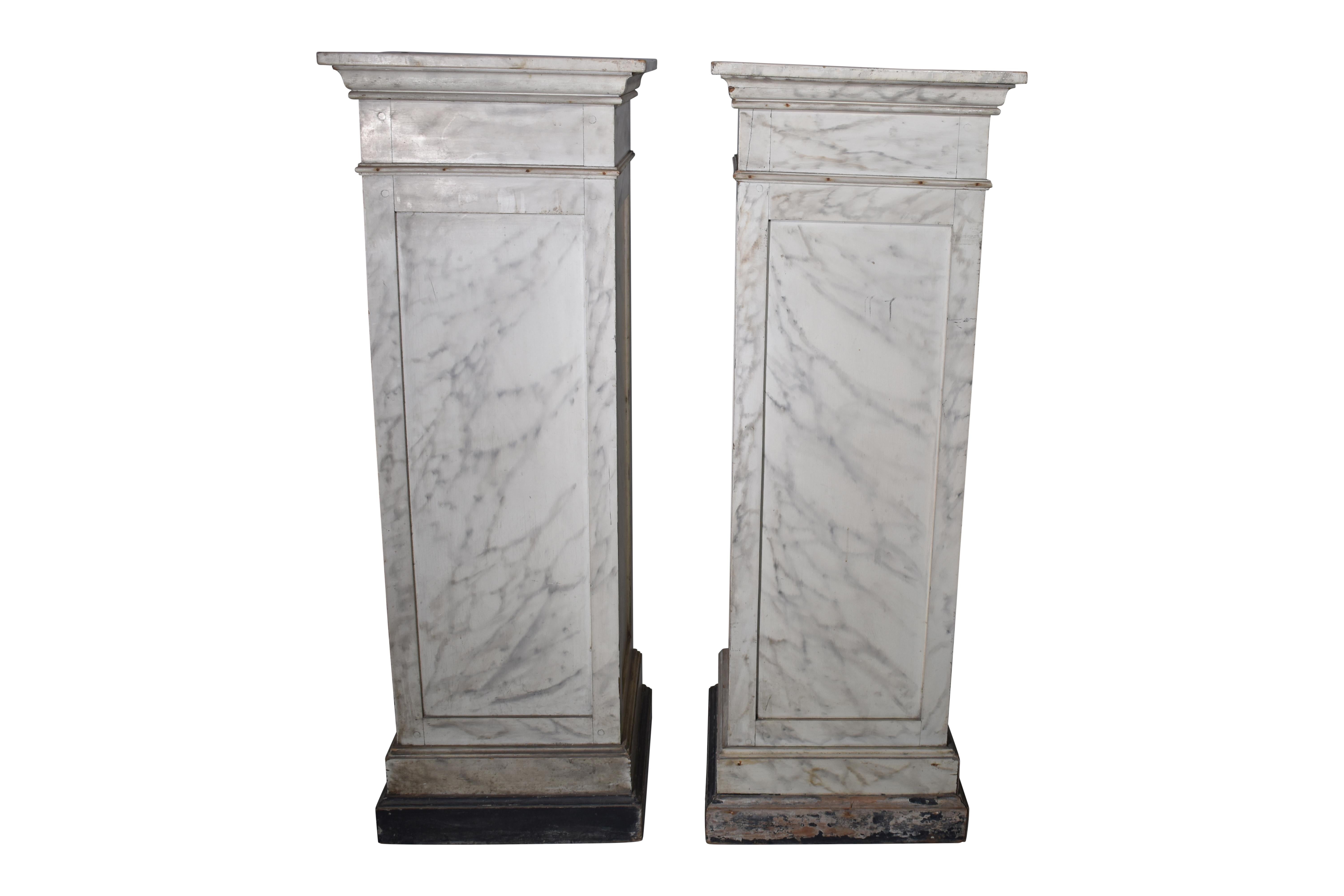 These Swedish vintage planters from Belgium with natural organic patina are striking on the faux marble pedestals. Antique elements that add warmth and European style to your home.