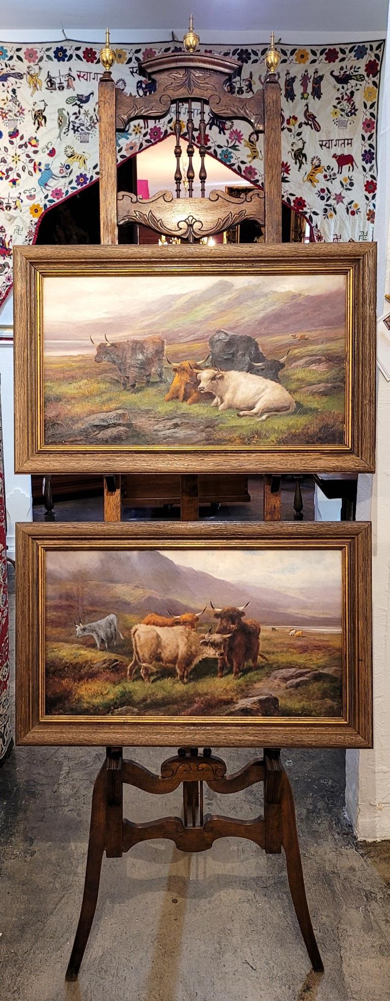 PRÉSENTE une paire d'huiles sur toile du 19e siècle représentant des bovins des Highlands par John W. Morris.

Circa 1890-1900 et peinte par John W. Morris, un artiste britannique renommé, connu pour ses scènes des Highlands écossais et en