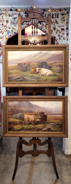 Pair of 19C Oils on Canvas of Highland Cattle by John W Morris