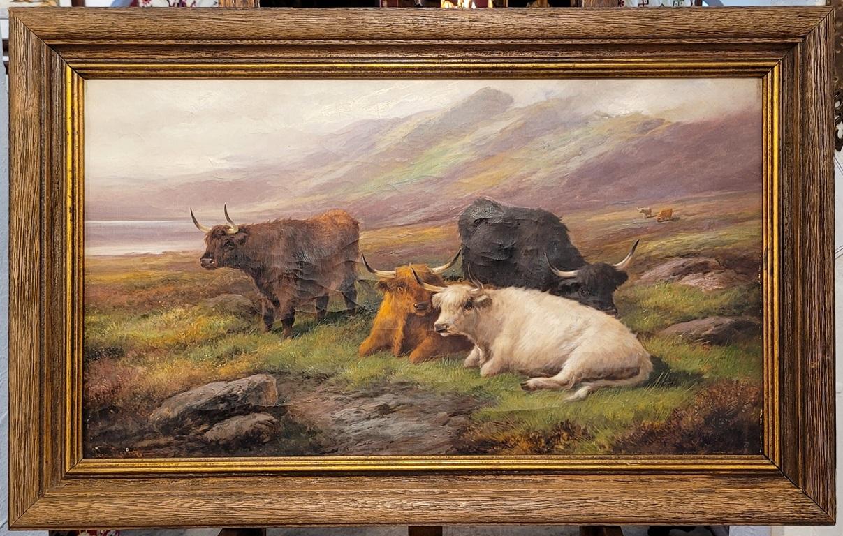 Victorien tardif Paire d'huiles sur toile de Highland Cattle par John W Morris, datant du 19e siècle en vente