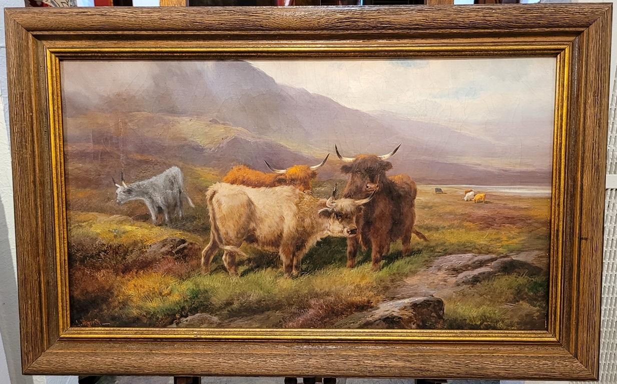 Écossais Paire d'huiles sur toile de Highland Cattle par John W Morris, datant du 19e siècle en vente
