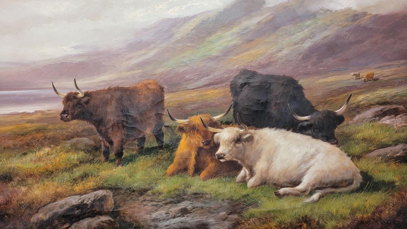 Ein Paar Ölgemälde auf Leinwand von John W Morris, Highland Cattle, 19. Jahrhundert, Öl im Zustand „Gut“ im Angebot in Dallas, TX