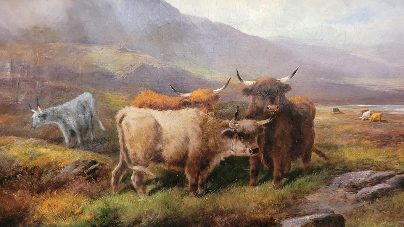 Ein Paar Ölgemälde auf Leinwand von John W Morris, Highland Cattle, 19. Jahrhundert, Öl im Angebot 1