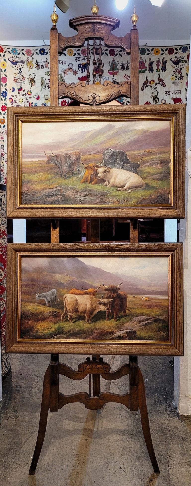 Toile Paire d'huiles sur toile de Highland Cattle par John W Morris, datant du 19e siècle en vente