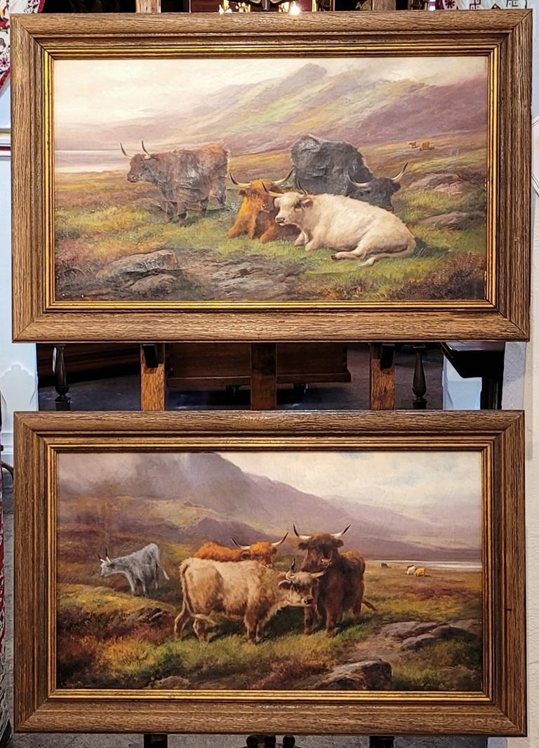 Pair of 19C Oils on Canvas of Highland Cattle by John W Morris For Sale 2