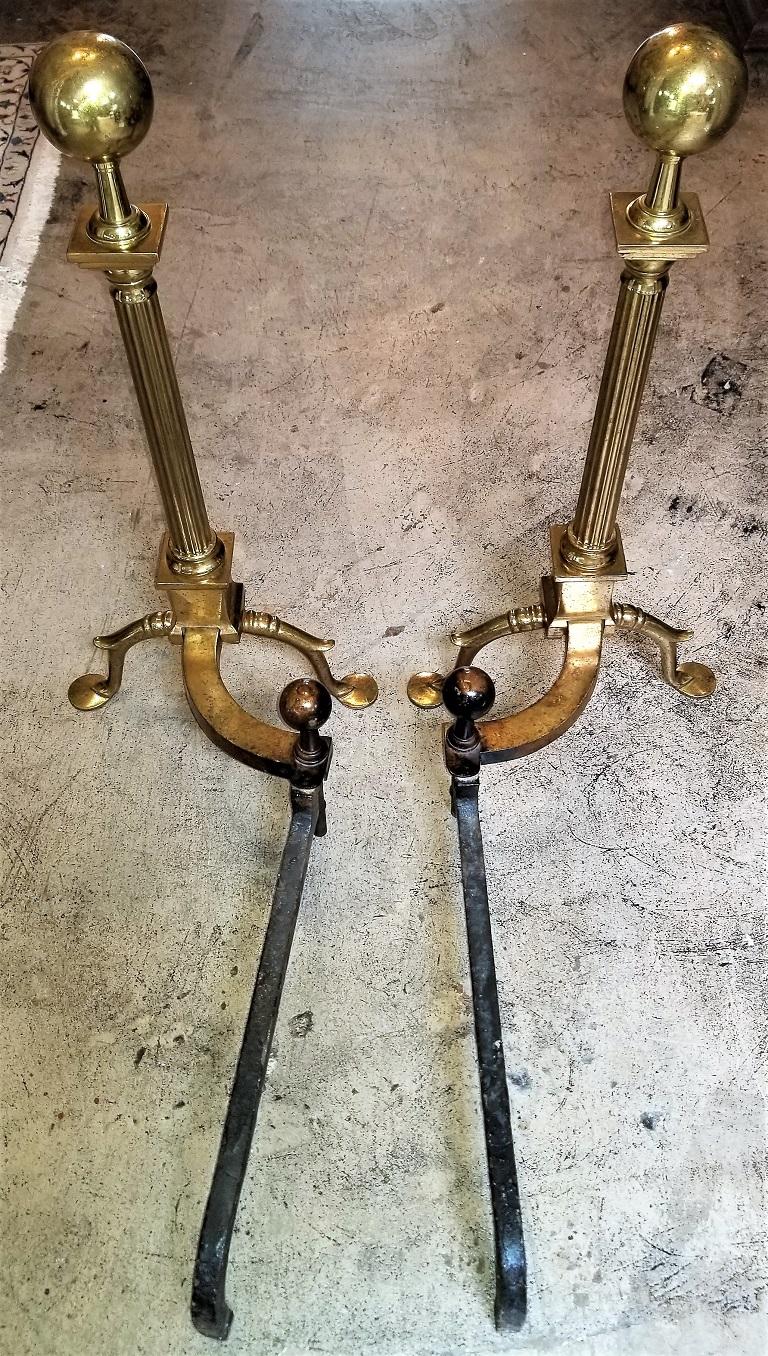 Pair of Philadelphia Brass Andirons with Roman Columns and Ball Finials For Sale 3