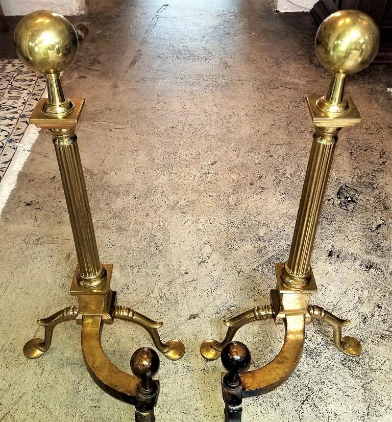 Pair of Philadelphia Brass Andirons with Roman Columns and Ball Finials For Sale 4