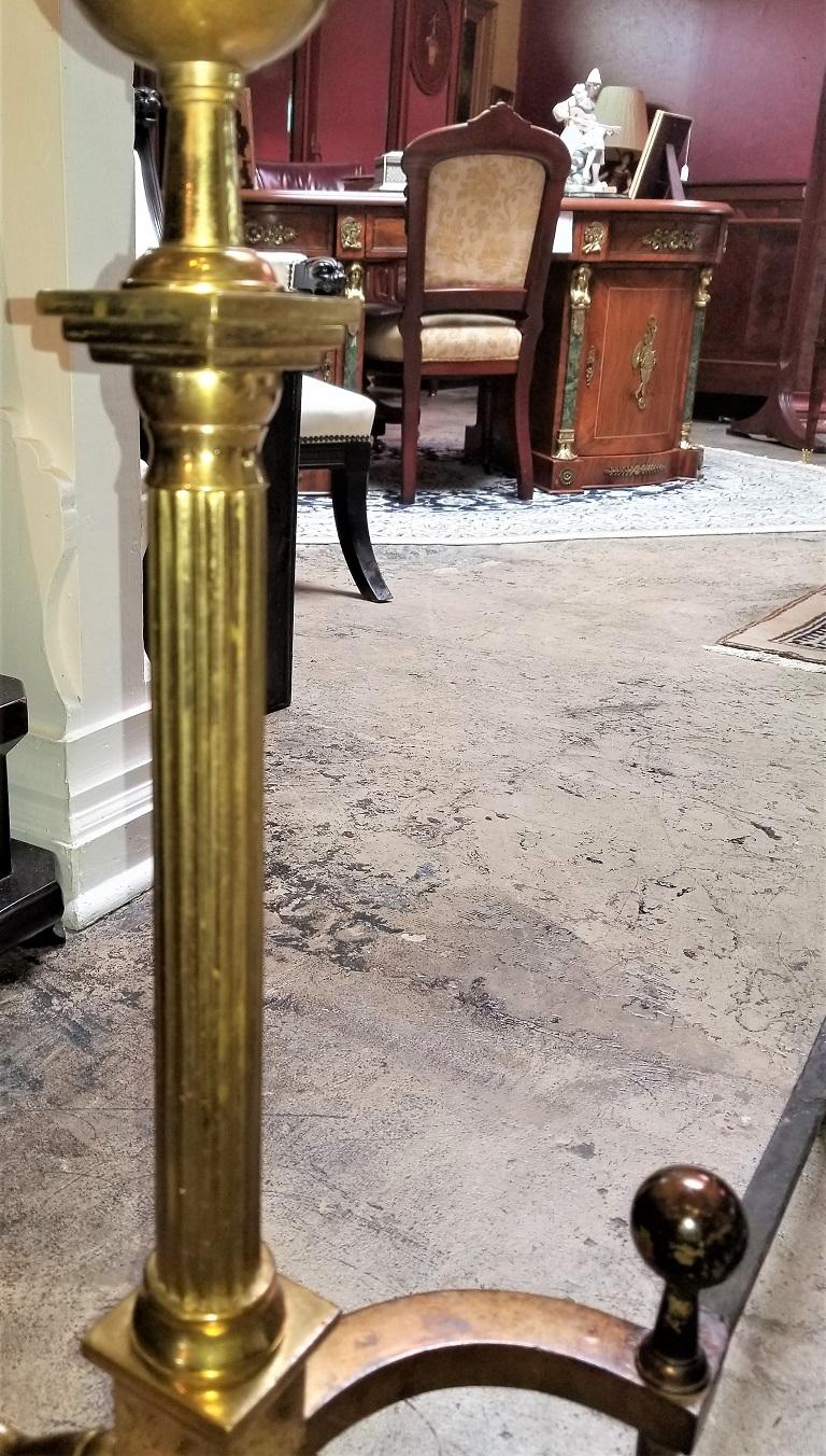 Pair of Philadelphia Brass Andirons with Roman Columns and Ball Finials For Sale 9