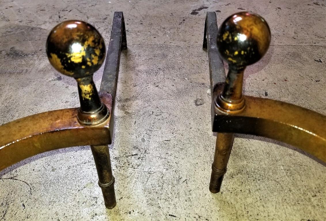 Pair of Philadelphia Brass Andirons with Roman Columns and Ball Finials For Sale 11
