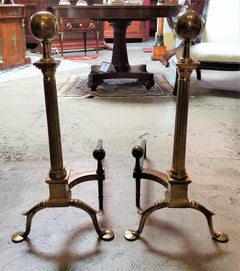 Pair of Philadelphia Brass Andirons with Roman Columns and Ball Finials
