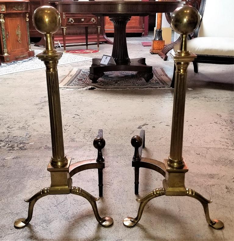 American Pair of Philadelphia Brass Andirons with Roman Columns and Ball Finials For Sale
