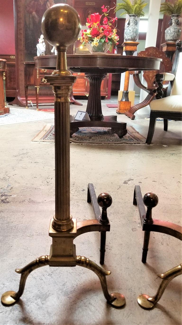 Cast Pair of Philadelphia Brass Andirons with Roman Columns and Ball Finials For Sale