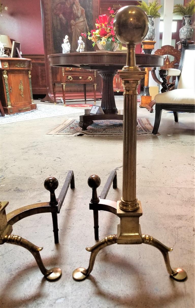Pair of Philadelphia Brass Andirons with Roman Columns and Ball Finials In Good Condition For Sale In Dallas, TX