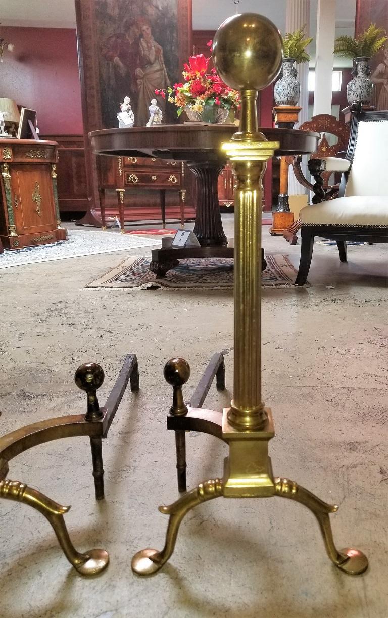 19th Century Pair of Philadelphia Brass Andirons with Roman Columns and Ball Finials For Sale