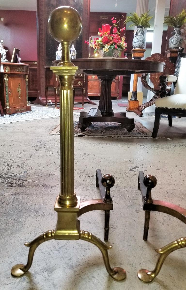 Pair of Philadelphia Brass Andirons with Roman Columns and Ball Finials For Sale 1