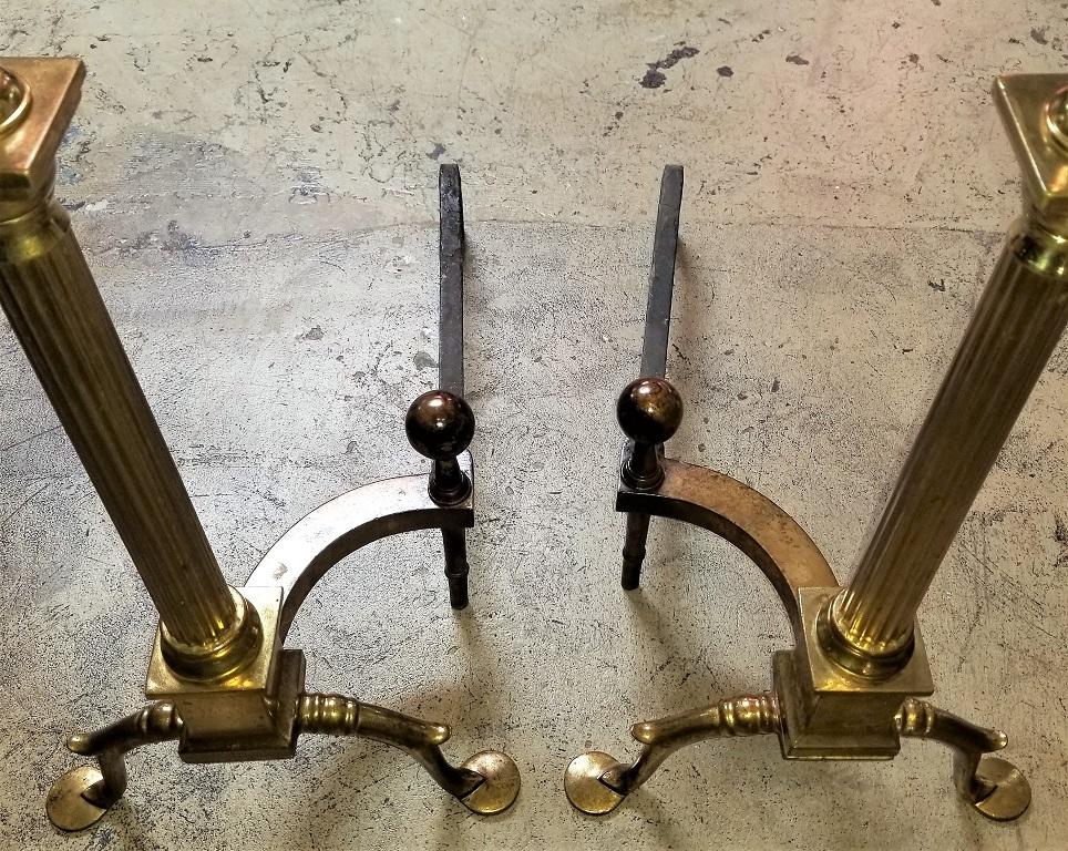 Pair of Philadelphia Brass Andirons with Roman Columns and Ball Finials For Sale 2