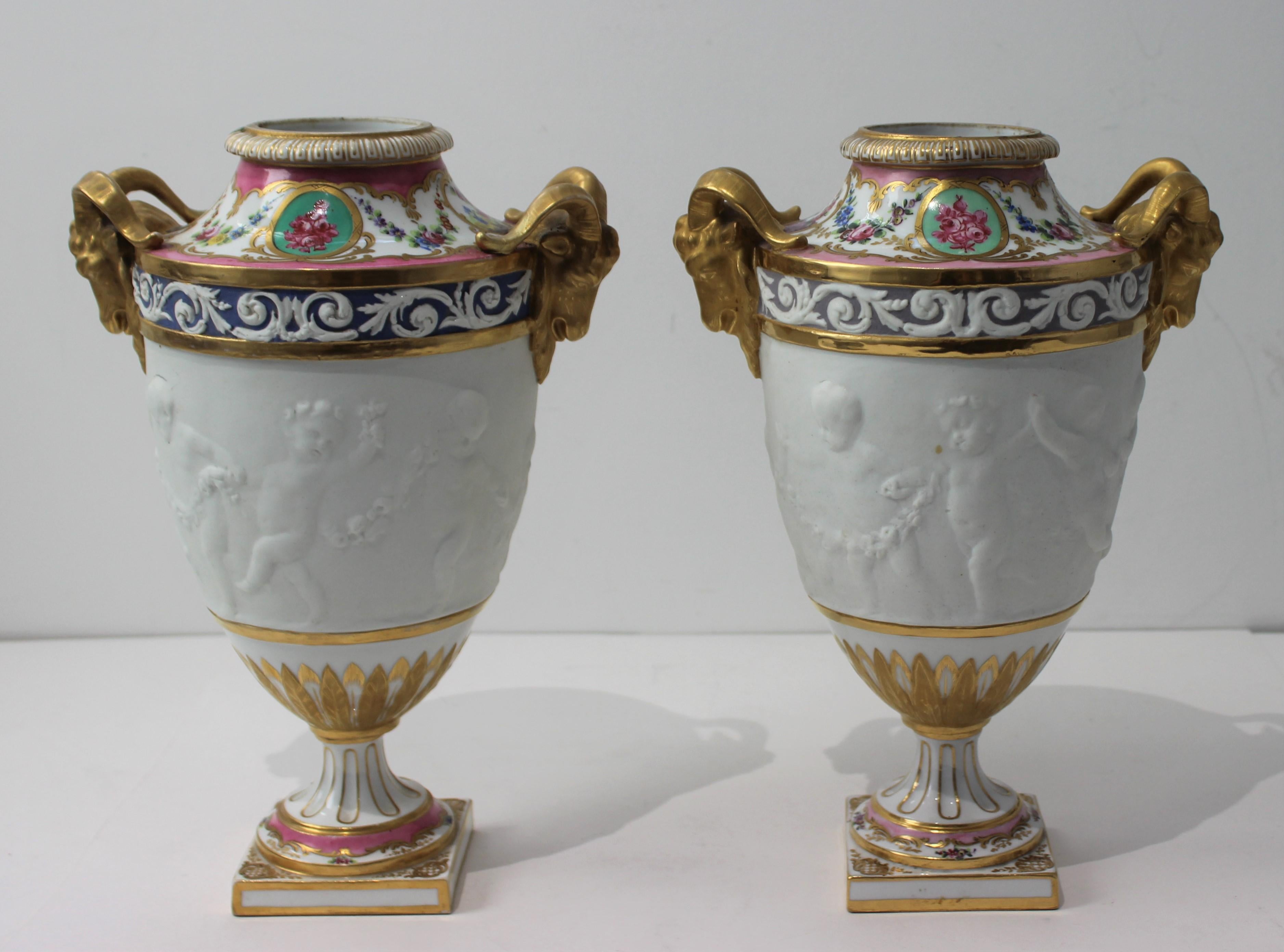 Gilt Pair of  Louis XV Sevres Style Urns For Sale