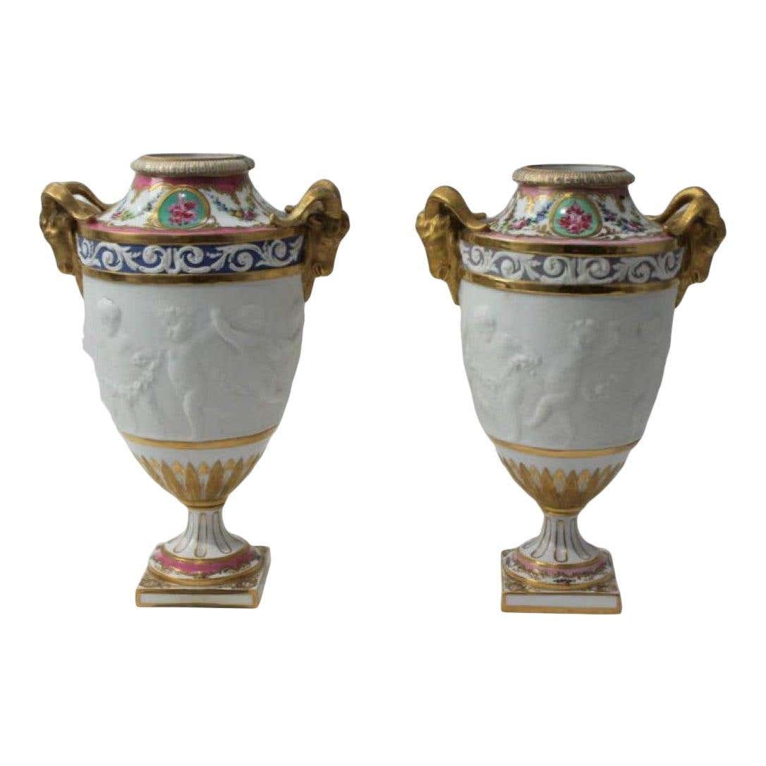 Pair of 19C Sevres Style Drilled Garniture Urns For Sale at 1stDibs