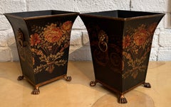 Pair of 19C Style Black & Gold Chinoiserie Tole Cachepots