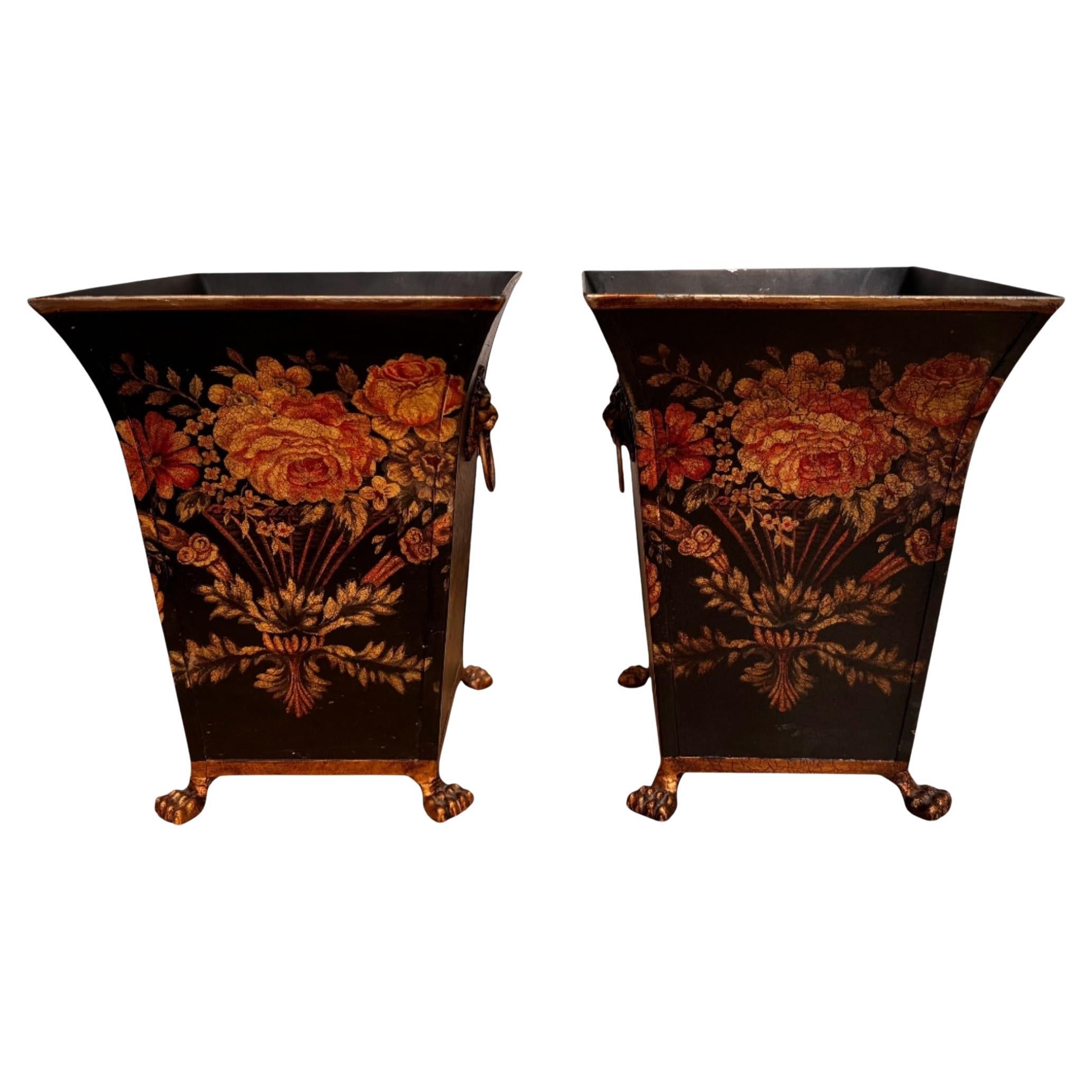 Pair of 19C Style Black & Gold Chinoiserie Tole Cachepots