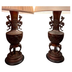 Pair of  19iCentury  Meiji Period Japanese Bronze Censers Turned into Lamps