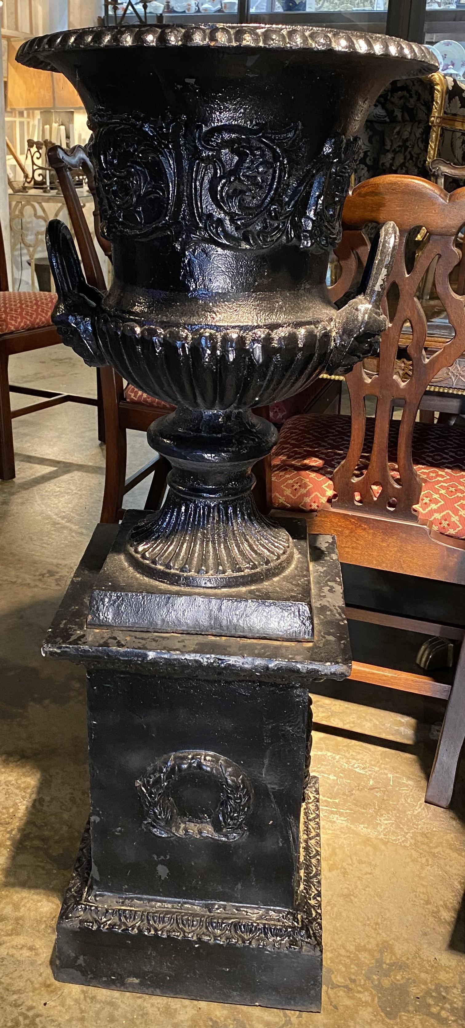 Una bella coppia di urne classiche in ghisa verniciata di nero con maniglie, ciascuna su piedistalli quadrati abbinati, con decorazioni a volute e fogliame in rilievo. La coppia risale alla fine del XIX o all'inizio del XX secolo e si presenta in