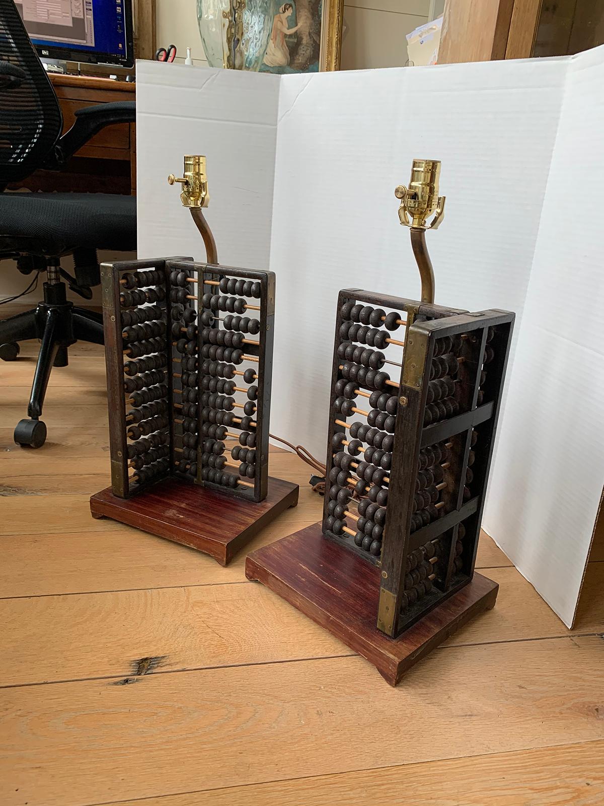 Wood Pair of 19th-20th Century Abacuses as Lamps on Custom Bases