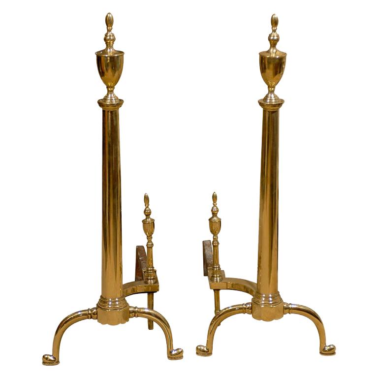 Pair of 19th-20th Century American Federal Style Brass Andirons For Sale