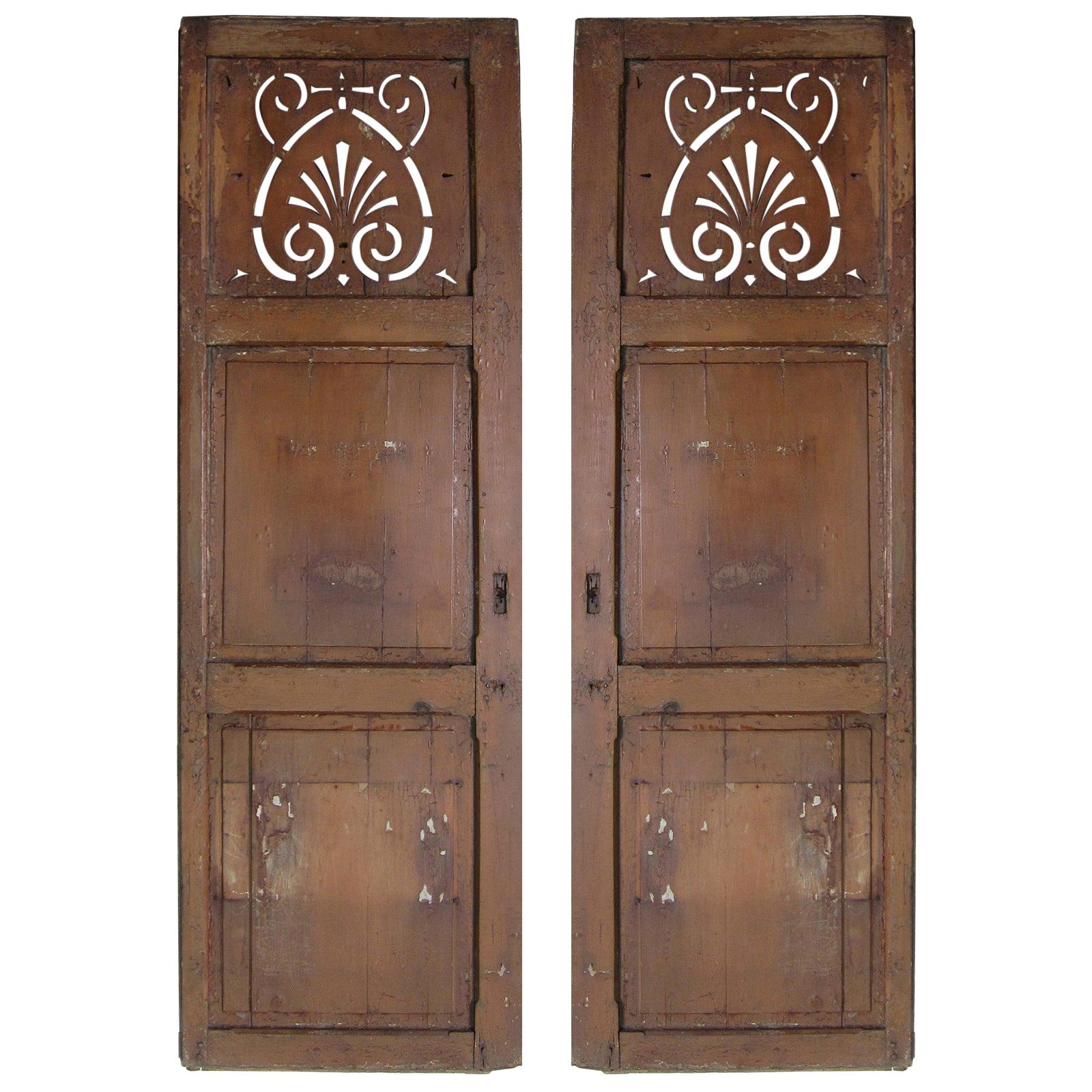 Pair of 19th-20th Century American Painted Shutters with Pierced Top Panel For Sale