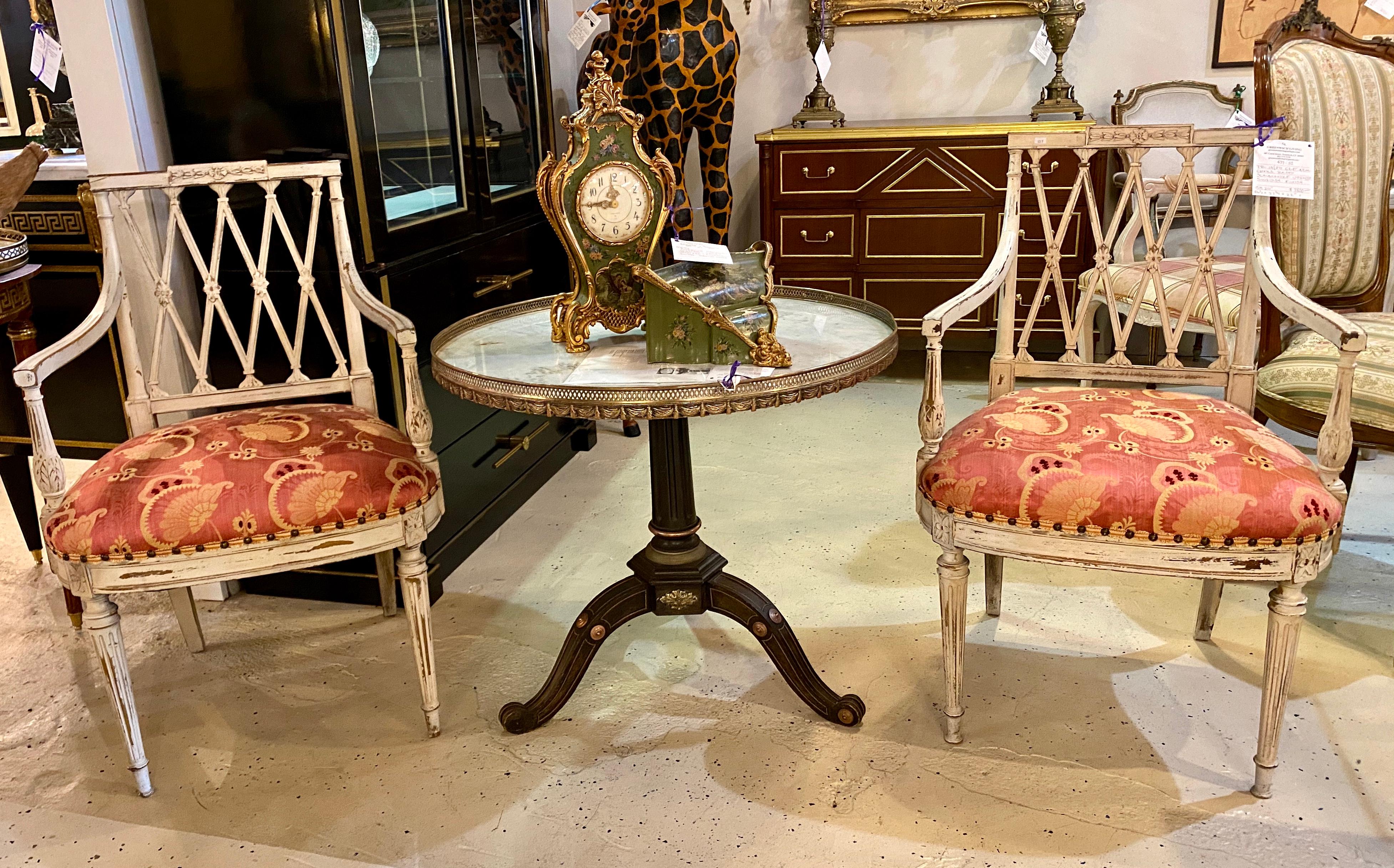 Louis XVI, Gustavian, Armchairs, White Painted Wood, Scalamandre Fabric, 1890s For Sale 12